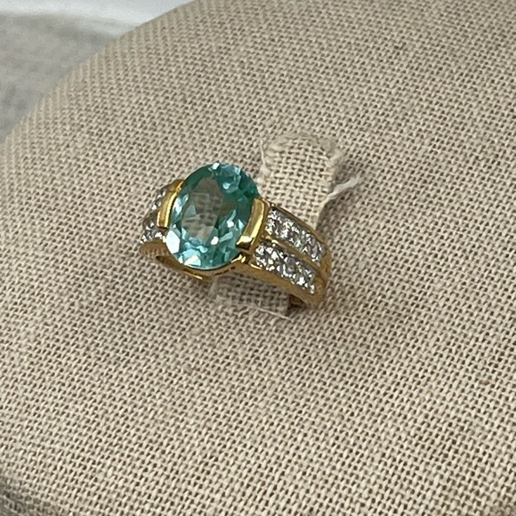 Vintage 925 Gold Overlay Sterling Silver Green Gemstone Ring, Size 4.75 - Picture 5 of 17